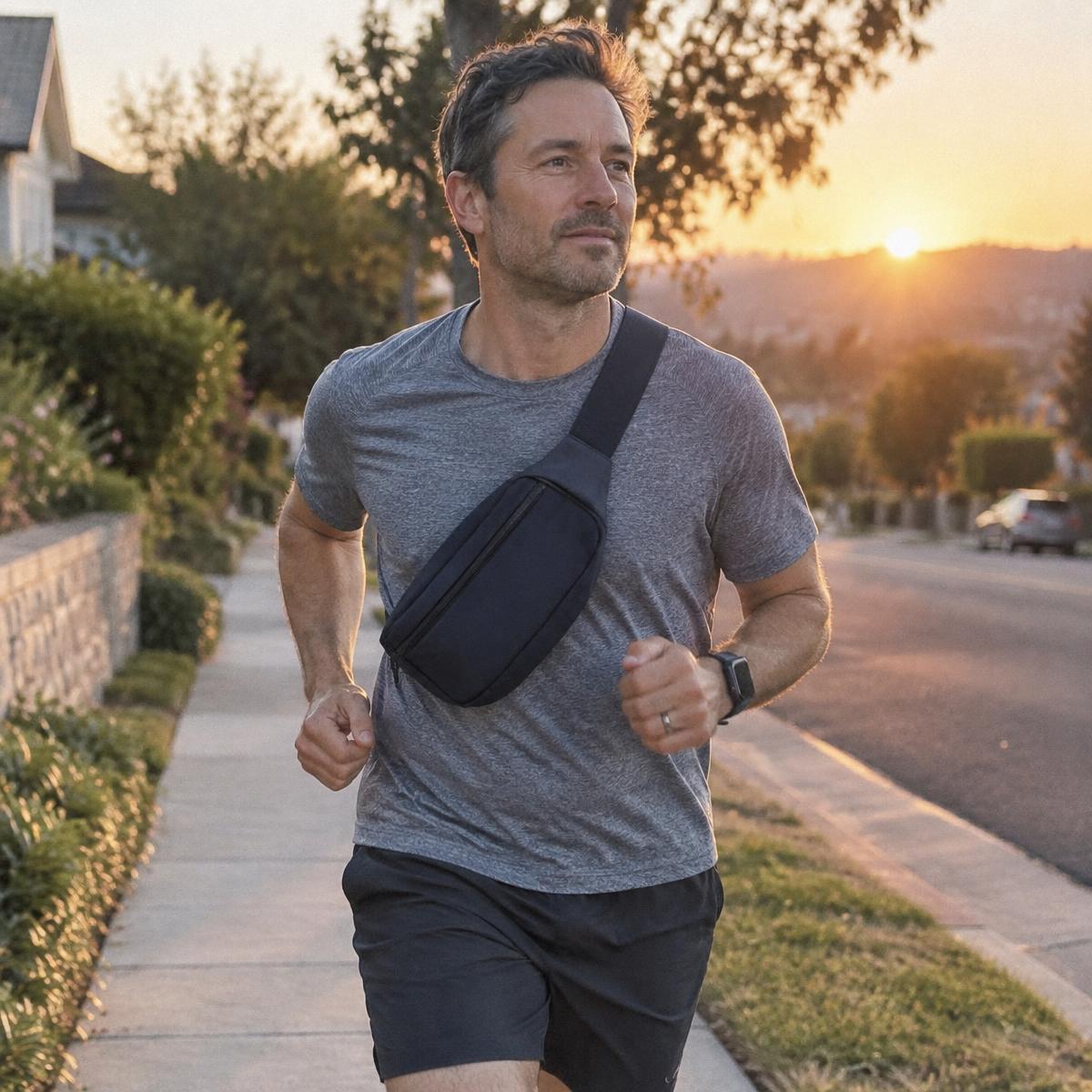 The MFYM Run Bag worn on an evening run